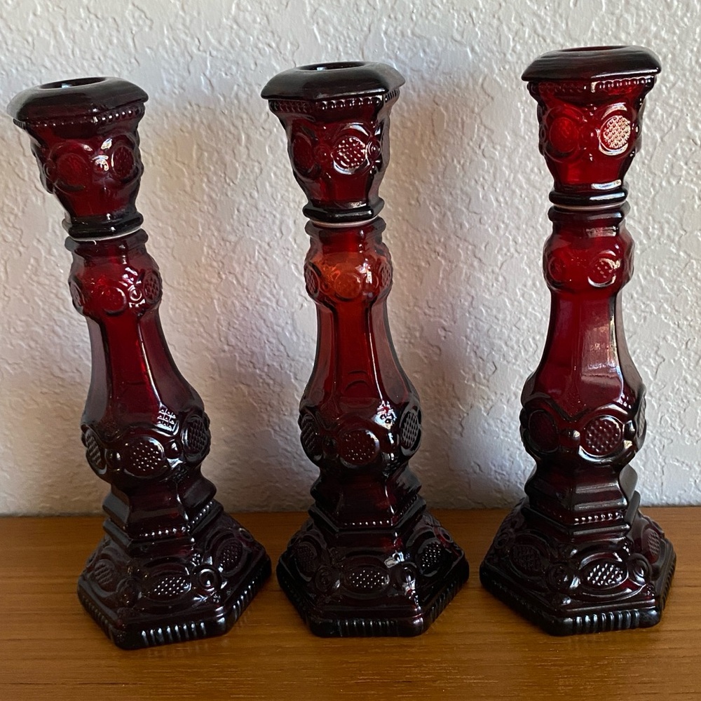 Avon Vintage 1876 Collection  Cape Cod Ruby Red Glass Candlesticks Set of 3 - Picture 2 of 9